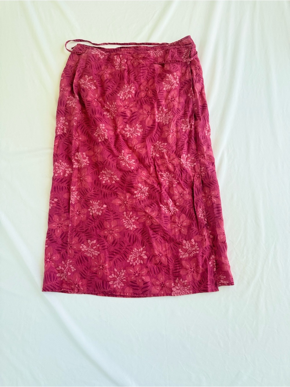 Eddie Bauer 100% Linen Tropical Floral Wrap Skirt 16 Pink Vintage Boho Midi